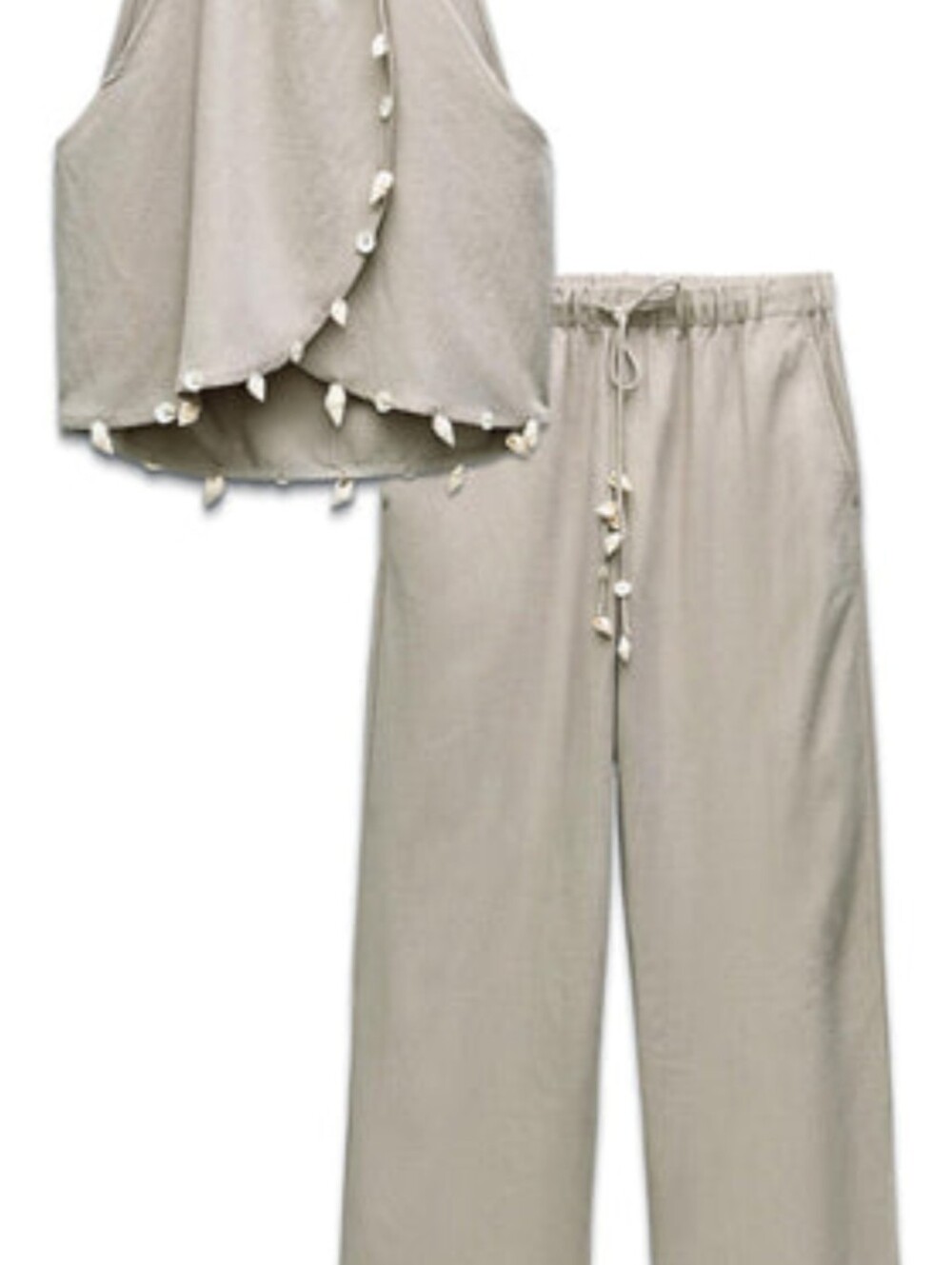 Zara Taupe Halter Crop Top and Wide Leg Pants Co-ord Set with Shell Trim